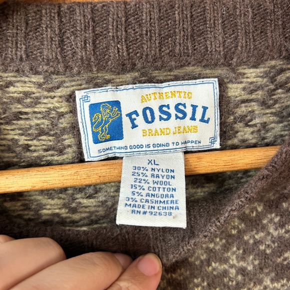 Vintage Fossil Brand Jeans Mens Fair Isle Snowflake Crew Neck Sweater XL Brown - Picture 6 of 8